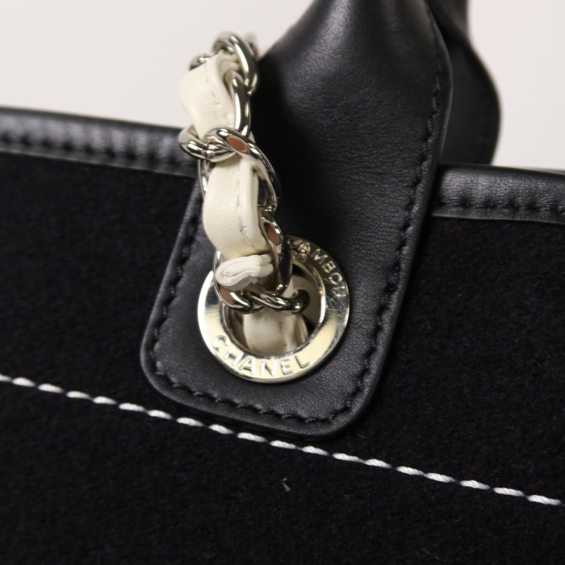 CHANEL 羊毛/皮革Deauville Tote Bag銀扣鏈帶手挽袋-14