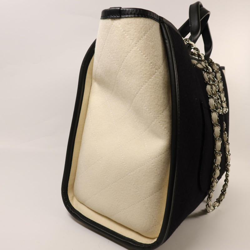 CHANEL 羊毛/皮革Deauville Tote Bag銀扣鏈帶手挽袋-16