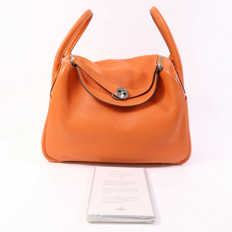HERMES Clemence皮革Lindy 30銀扣手挽肩背兩用袋Orange-9