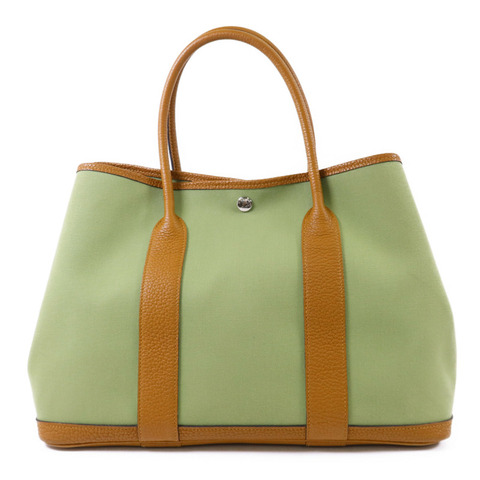 HERMES Negonda皮革/帆布Garden Party PM銀扣手挽袋Vert Criquet/Ocre