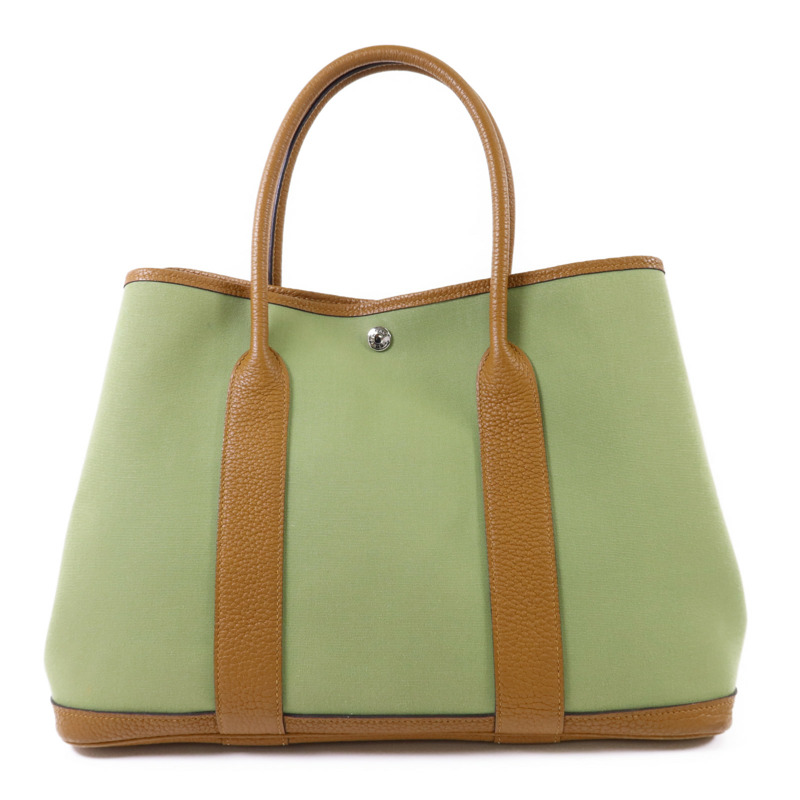 HERMES Negonda皮革/帆布Garden Party PM銀扣手挽袋Vert Criquet/Ocre-1