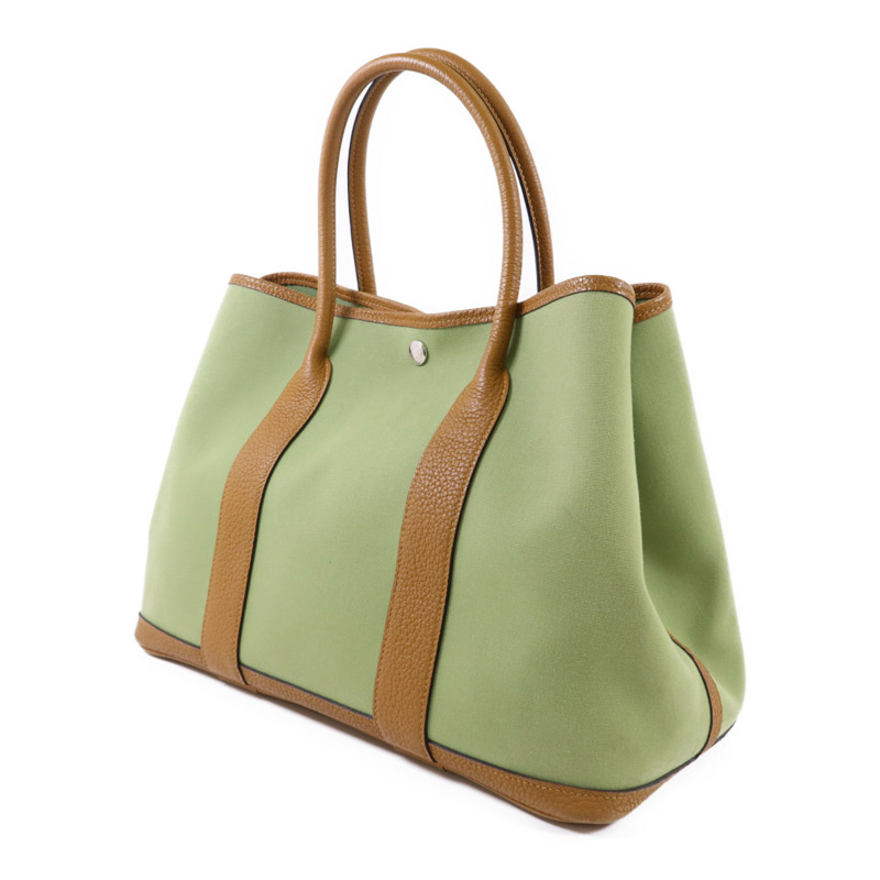 HERMES Negonda皮革/帆布Garden Party PM銀扣手挽袋Vert Criquet/Ocre-2