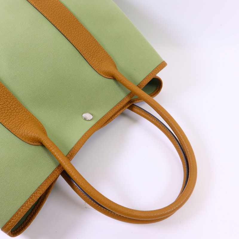HERMES Negonda皮革/帆布Garden Party PM銀扣手挽袋Vert Criquet/Ocre-4