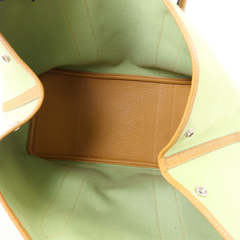 HERMES Negonda皮革/帆布Garden Party PM銀扣手挽袋Vert Criquet/Ocre-5