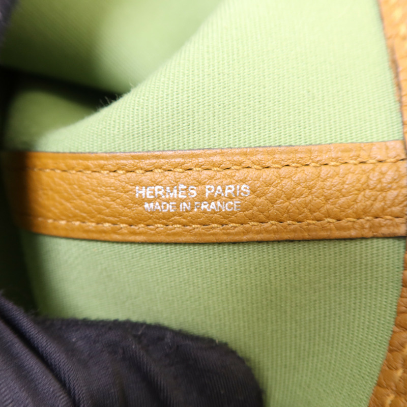 HERMES Negonda皮革/帆布Garden Party PM銀扣手挽袋Vert Criquet/Ocre-6