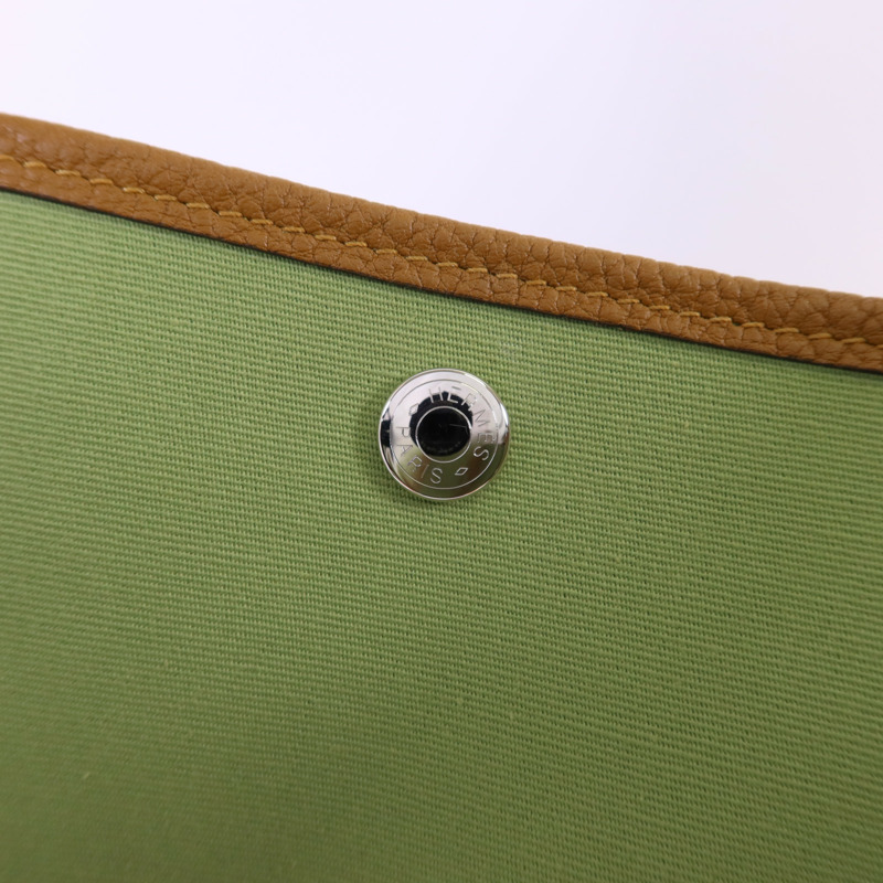 HERMES Negonda皮革/帆布Garden Party PM銀扣手挽袋Vert Criquet/Ocre-8