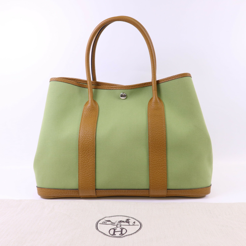 HERMES Negonda皮革/帆布Garden Party PM銀扣手挽袋Vert Criquet/Ocre-9