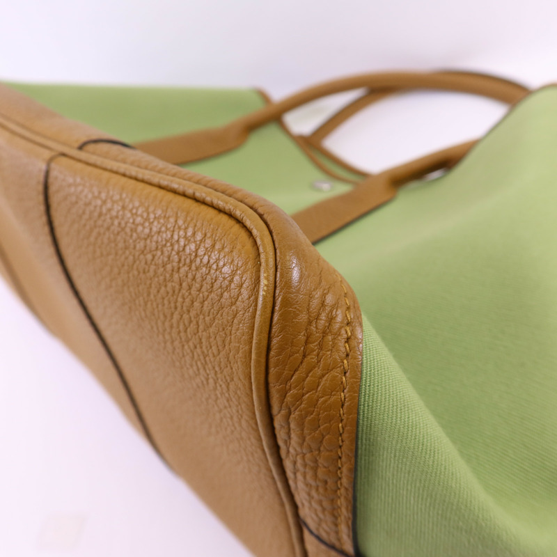 HERMES Negonda皮革/帆布Garden Party PM銀扣手挽袋Vert Criquet/Ocre-10