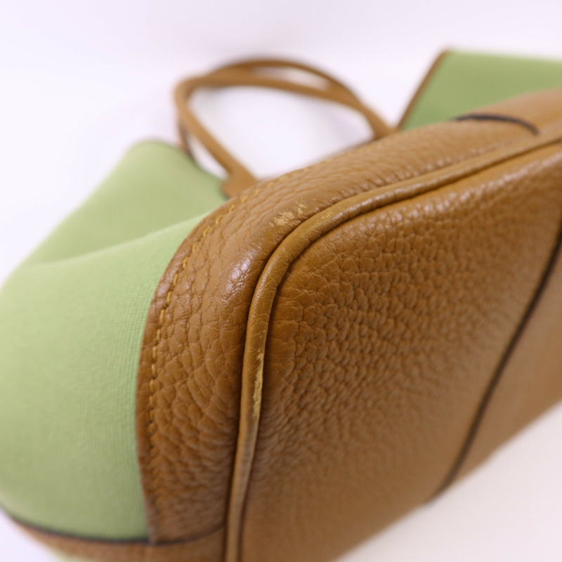 HERMES Negonda皮革/帆布Garden Party PM銀扣手挽袋Vert Criquet/Ocre-11