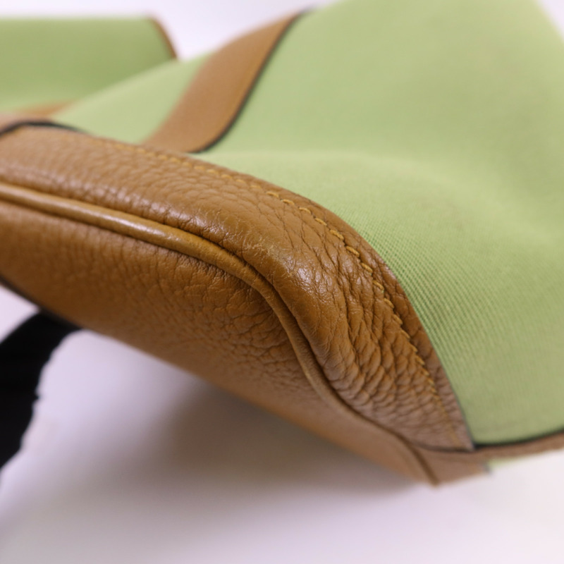 HERMES Negonda皮革/帆布Garden Party PM銀扣手挽袋Vert Criquet/Ocre-12