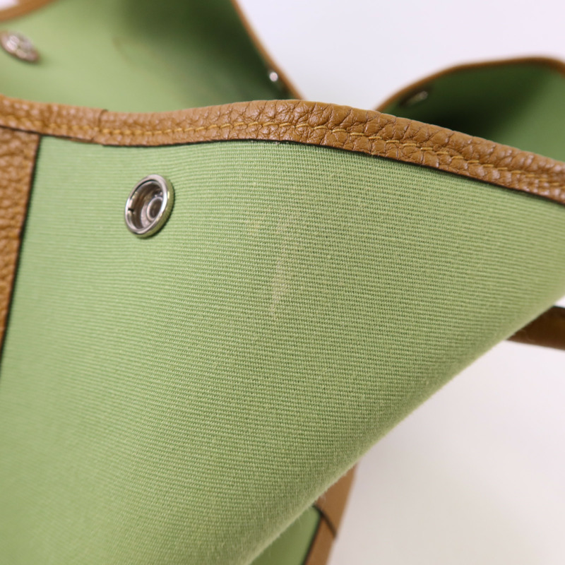 HERMES Negonda皮革/帆布Garden Party PM銀扣手挽袋Vert Criquet/Ocre-15