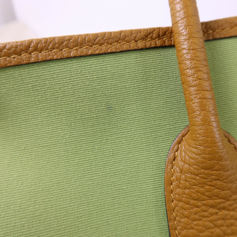 HERMES Negonda皮革/帆布Garden Party PM銀扣手挽袋Vert Criquet/Ocre-17