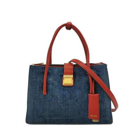 Miu Miu羊皮牛仔布拼色字母Logo斜挎包