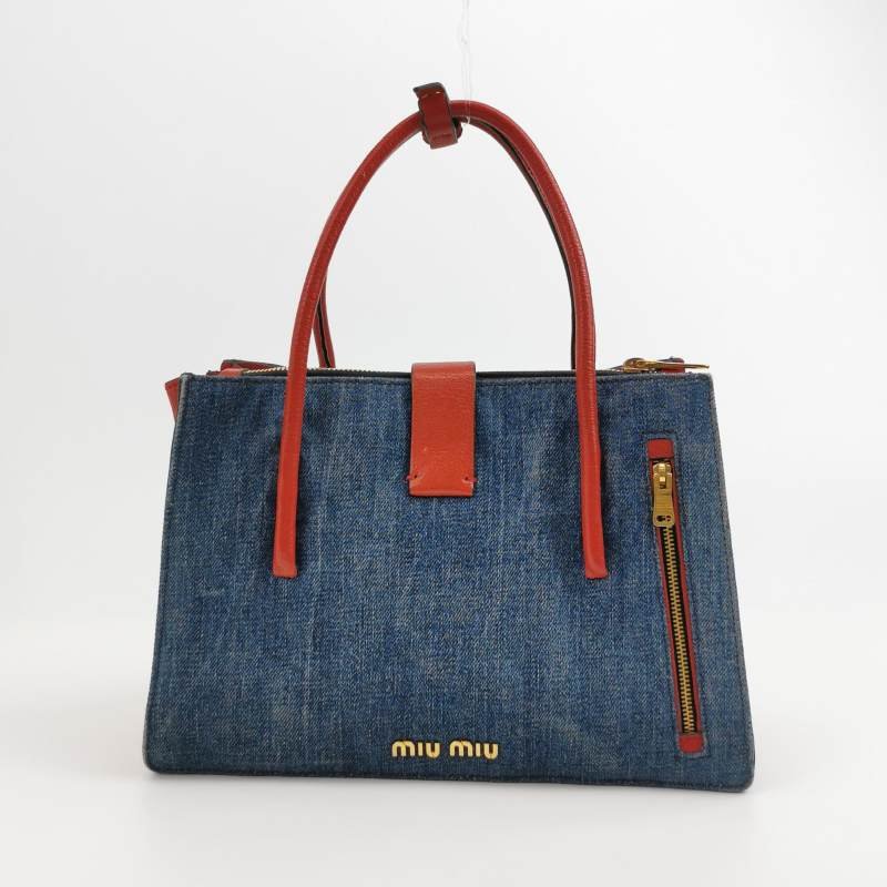 Miu Miu羊皮牛仔布拼色字母Logo斜挎包-4