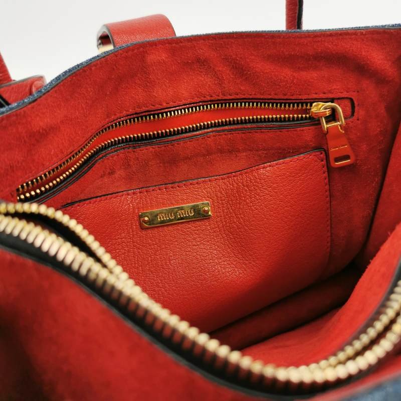 Miu Miu羊皮牛仔布拼色字母Logo斜挎包-7