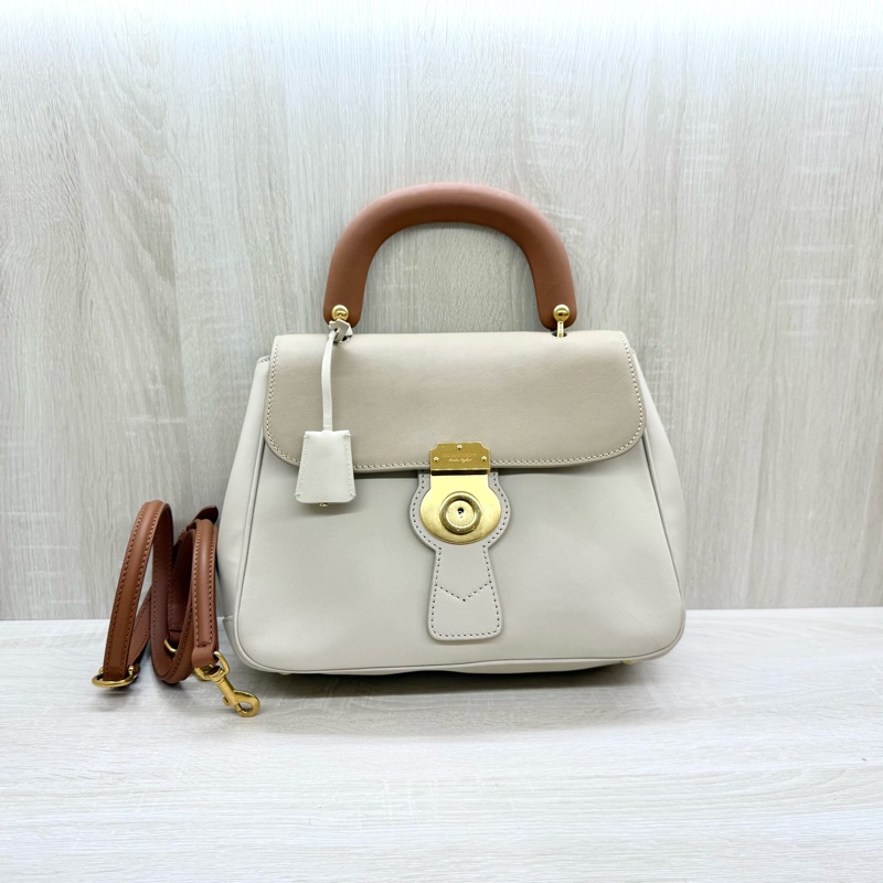 Burberry奶茶拼色金釦DK88手提側背包-0