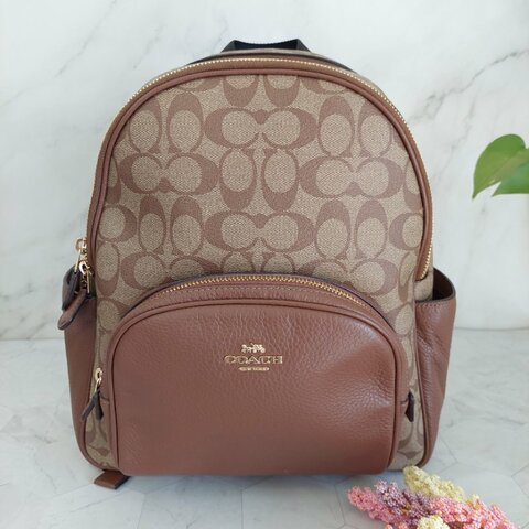 COACH 🎀現品實拍 🎀經典撞色印花LOGO 雙肩後背包.駝/咖