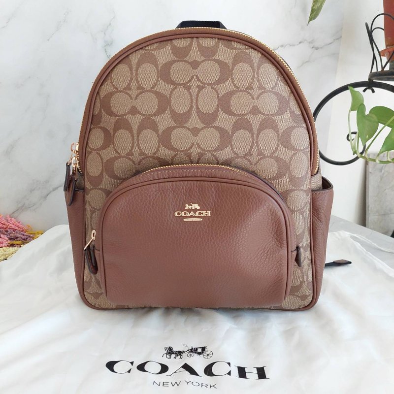 COACH 🎀現品實拍 🎀經典撞色印花LOGO 雙肩後背包.駝/咖-10