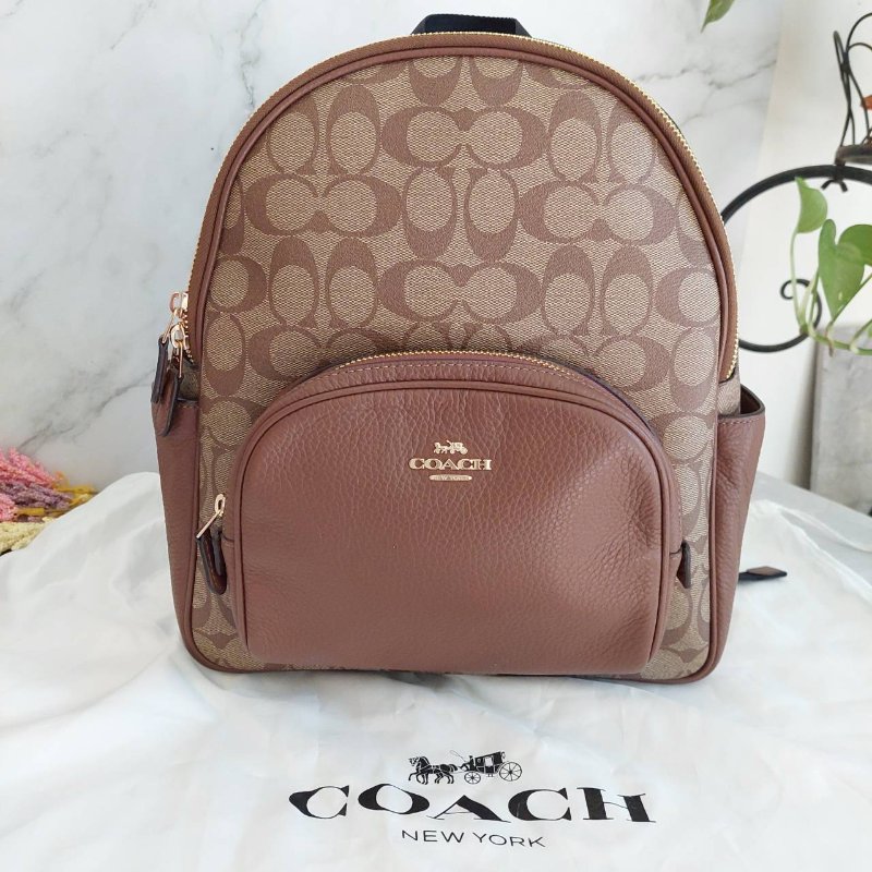 COACH 🎀現品實拍 🎀經典撞色印花LOGO 雙肩後背包.駝/咖-16