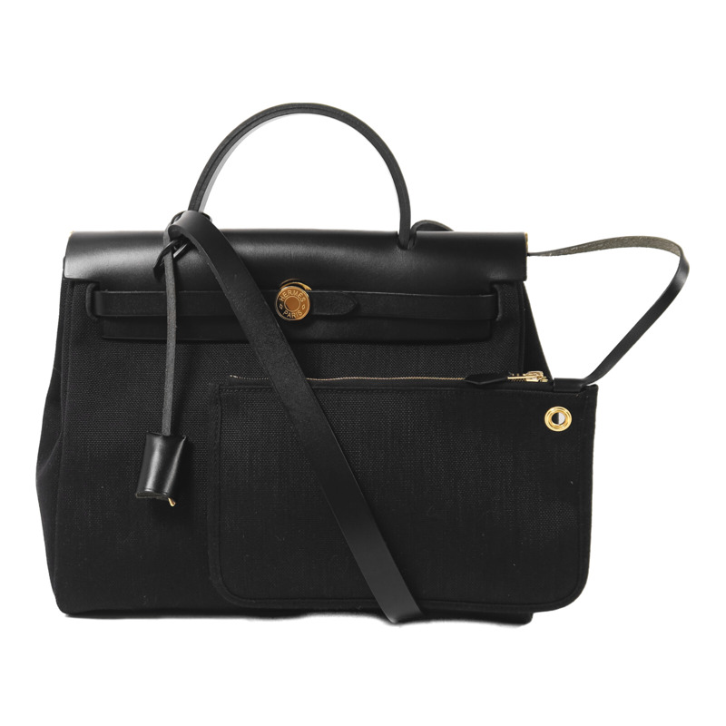 HERMES 帆布Herbag PM金扣手挽肩背兩用袋Noir-0