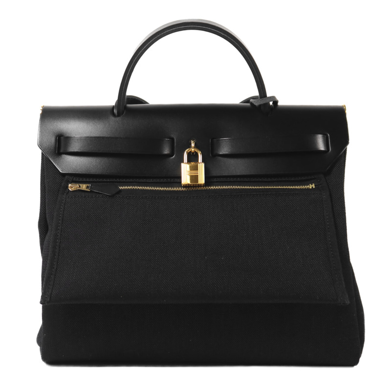 HERMES 帆布Herbag PM金扣手挽肩背兩用袋Noir-1