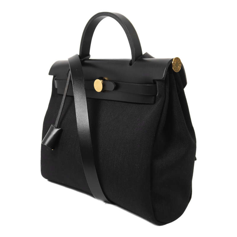 HERMES 帆布Herbag PM金扣手挽肩背兩用袋Noir-2