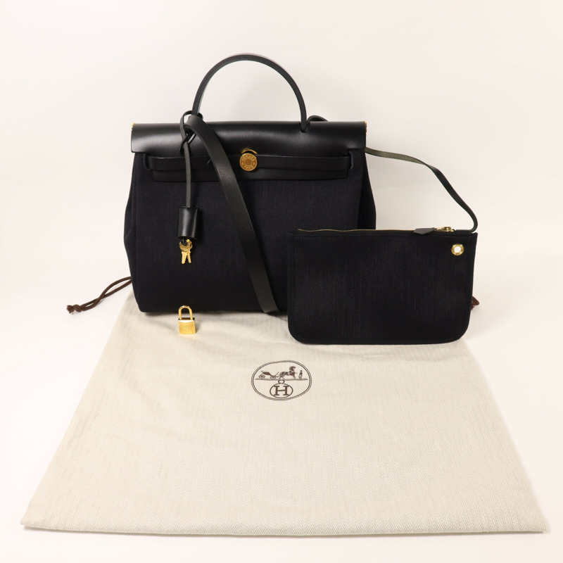 HERMES 帆布Herbag PM金扣手挽肩背兩用袋Noir-9