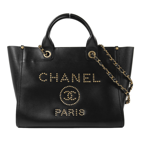 CHANEL 牛皮皮革Deauville Tote金扣鏈帶手挽肩背兩用袋