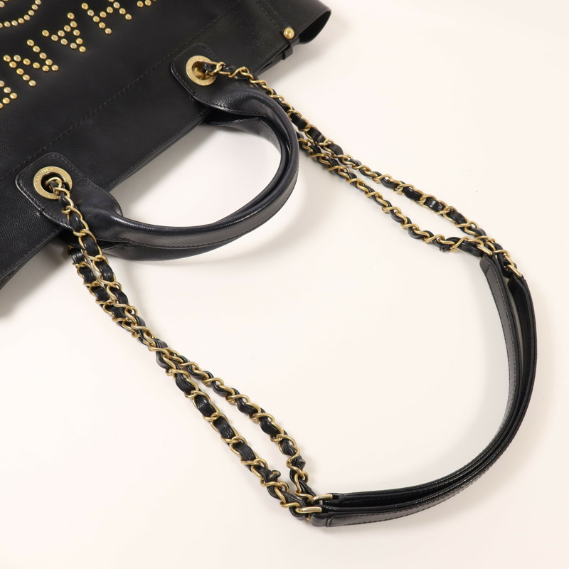 CHANEL 牛皮皮革Deauville Tote金扣鏈帶手挽肩背兩用袋-7