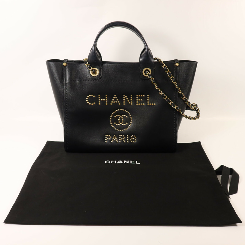 CHANEL 牛皮皮革Deauville Tote金扣鏈帶手挽肩背兩用袋-8
