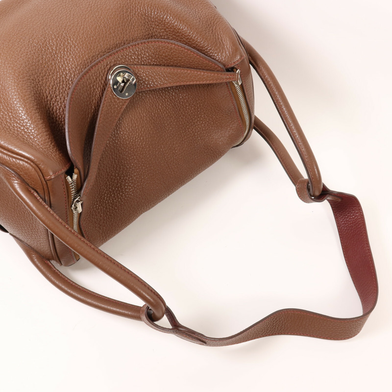 HERMES Clemence皮革Lindy 30銀扣肩背袋Havane/Rouge Grenade-8