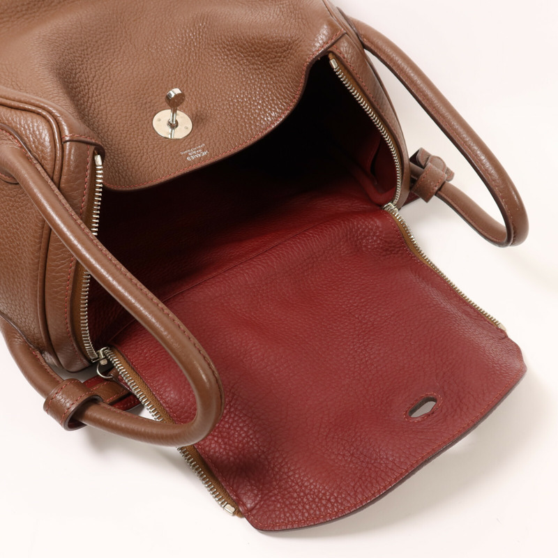 HERMES Clemence皮革Lindy 30銀扣肩背袋Havane/Rouge Grenade-13