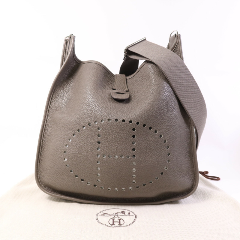 HERMES Clemence皮革Evelyne GM銀扣肩背袋Etain-8