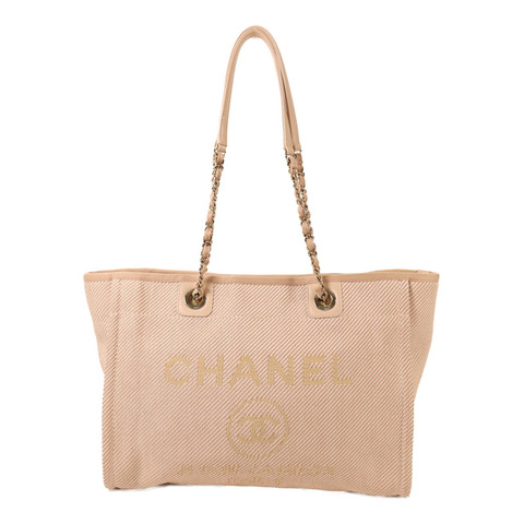 CHANEL 帆布Deauville Tote金扣鏈帶手挽袋