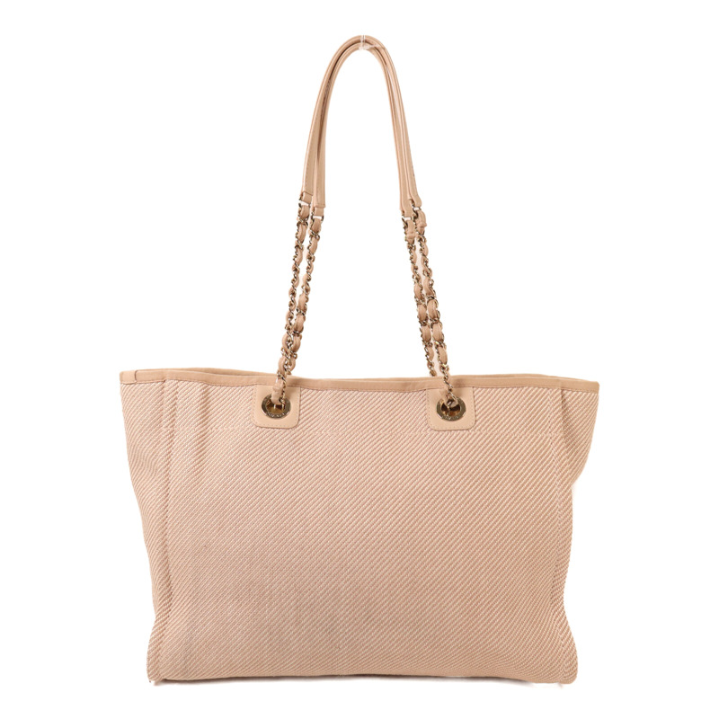 CHANEL 帆布Deauville Tote金扣鏈帶手挽袋-1