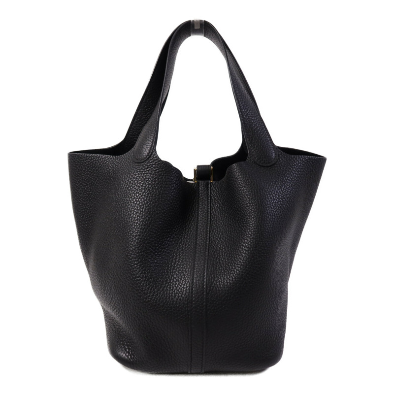 HERMES Clemence皮革Picotin MM金扣手挽袋Noir-1