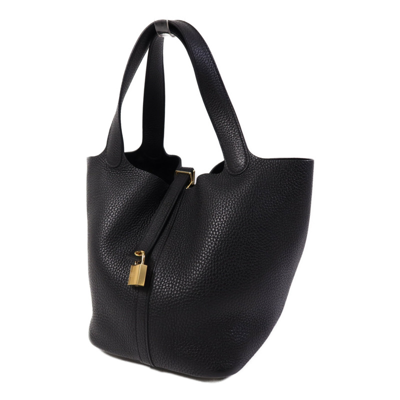 HERMES Clemence皮革Picotin MM金扣手挽袋Noir-2