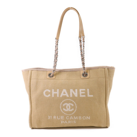CHANEL 帆布Deauville Tote Bag銀扣鏈帶肩背袋