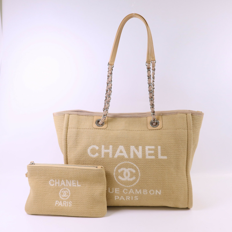 CHANEL 帆布Deauville Tote Bag銀扣鏈帶肩背袋-16