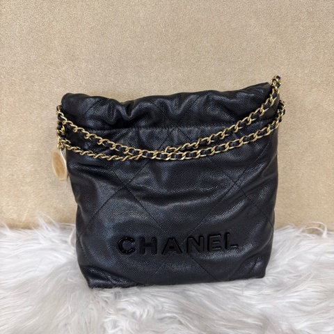 Chanel Mini22Bag 黑荔枝皮 晶片款 離櫃品 背帶可拆