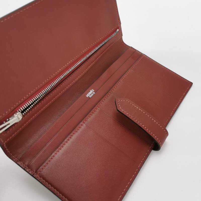 Hermes Bearn標誌H袢帶錢包Box Calf牛皮銀扣57波爾多酒紅框I刻-5