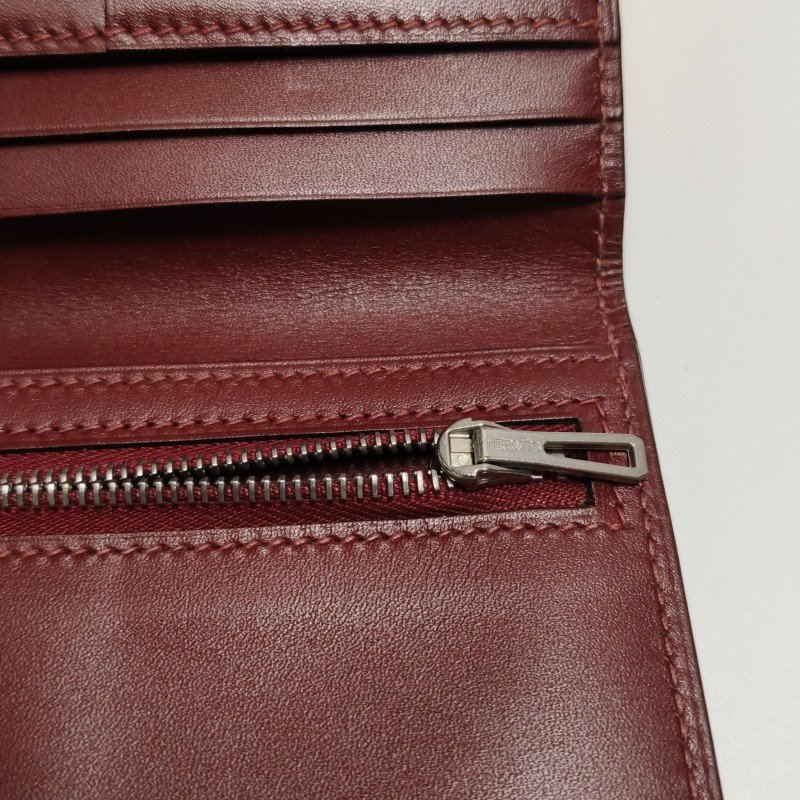 Hermes Bearn標誌H袢帶錢包Box Calf牛皮銀扣57波爾多酒紅框I刻-8