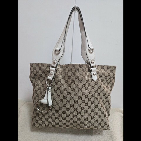 Gucci 古馳 經典大馬銜扣 GG 老花帆布大托特包