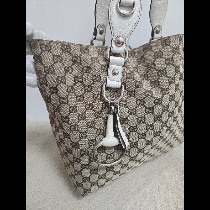 Gucci 古馳 經典大馬銜扣 GG 老花帆布大托特包-4