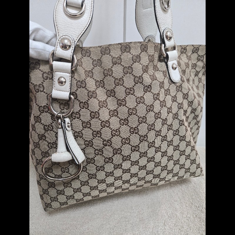 Gucci 古馳 經典大馬銜扣 GG 老花帆布大托特包-5