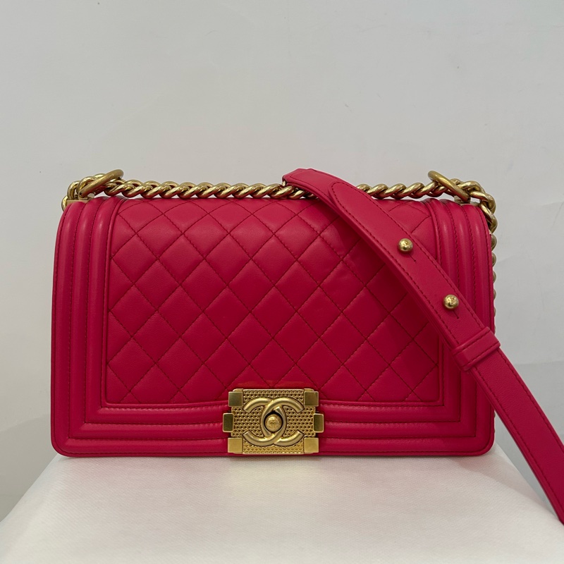 Chanel boy25桃紅羊皮菱格金釦-0