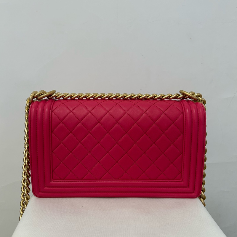 Chanel boy25桃紅羊皮菱格金釦-2