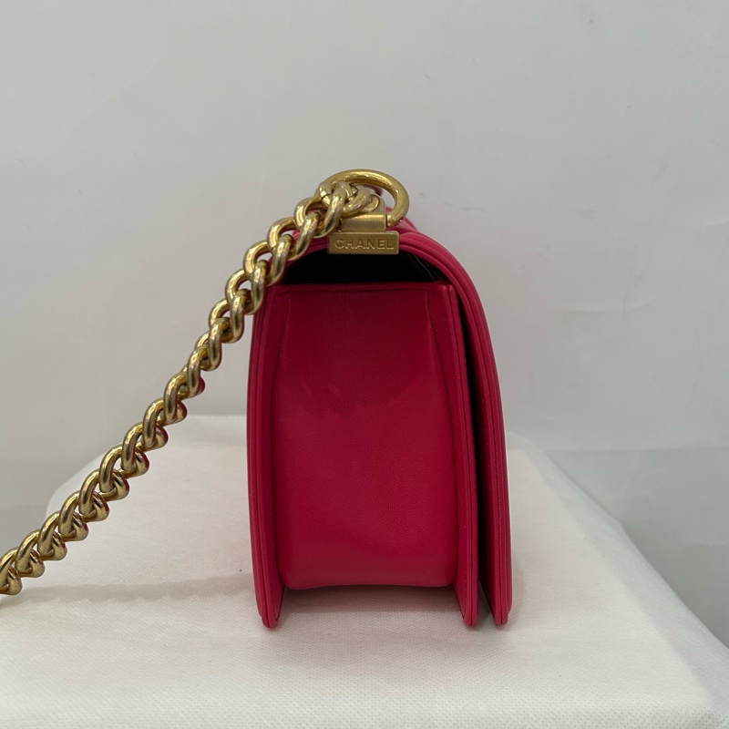 Chanel boy25桃紅羊皮菱格金釦-3