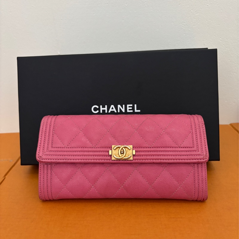 BOY CHANEL 掀蓋式長夾 小牛皮 金口 粉色-0