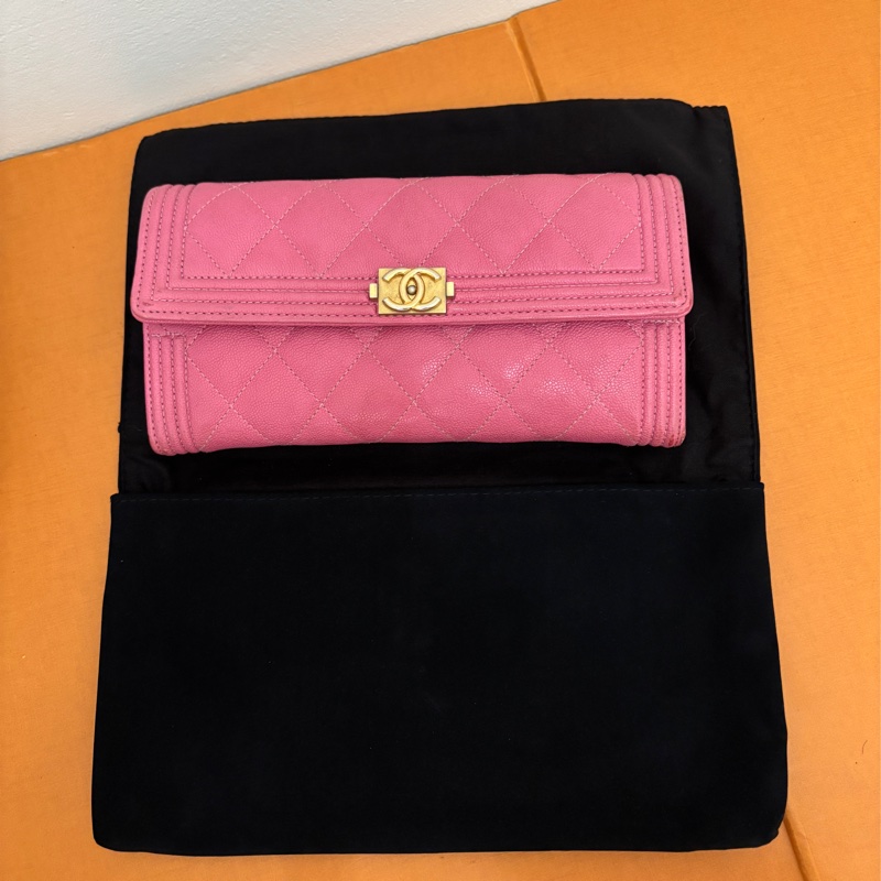 BOY CHANEL 掀蓋式長夾 小牛皮 金口 粉色-5